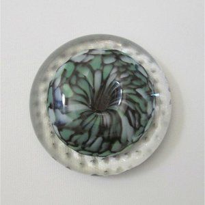 Peter Patterson Art Glass Paperweight Clear Bubbles Green Black Speckled Dome